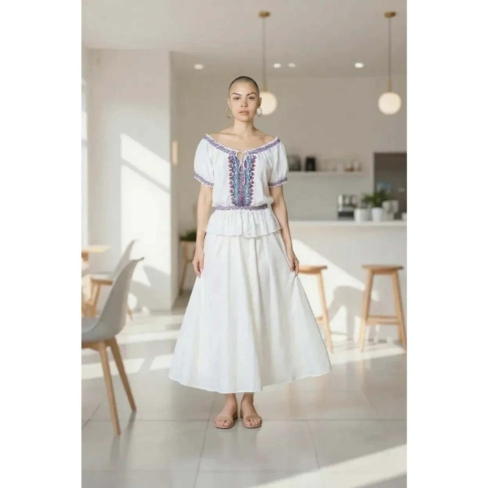 Jennifer & Grace Cream Boho Embroidered Peplum Blouse Peasant Top Small S